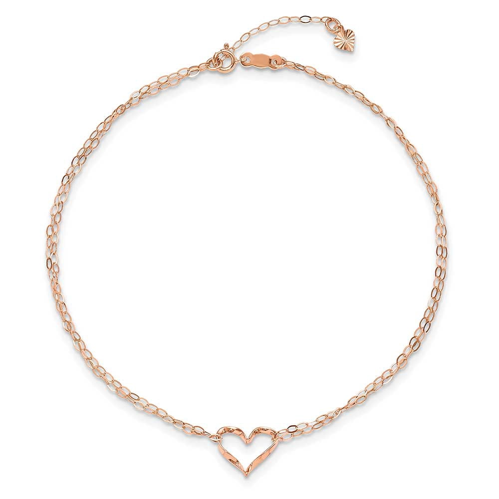 Primal Gold 14 Karat Rose Gold Double Strand Heart 9-inch Plus 1-inch Extension Anklet