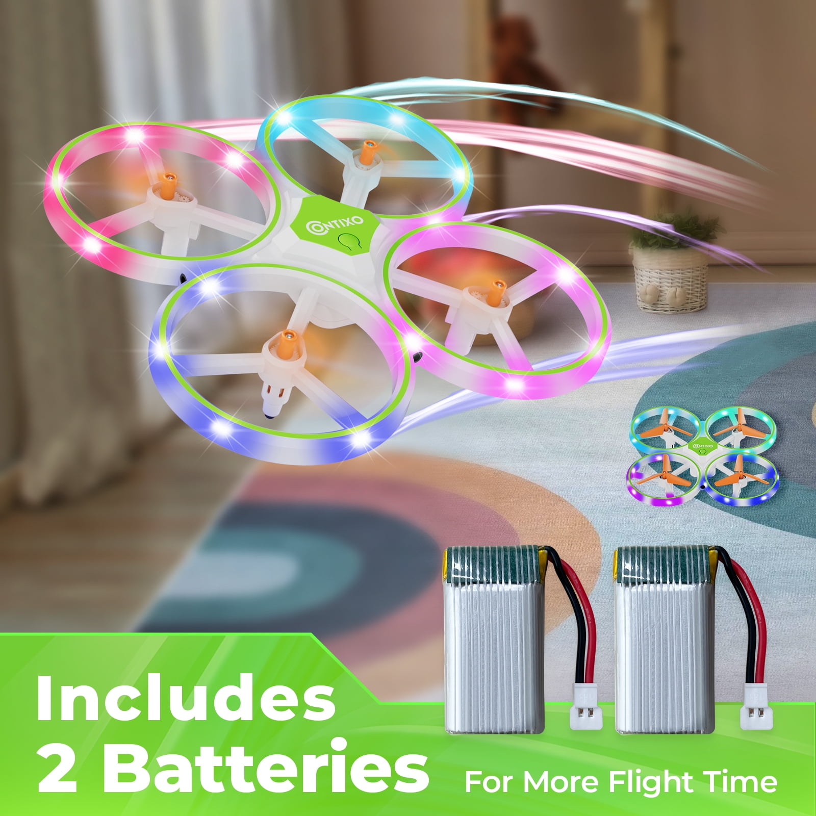 Contixo Mini Drones for Kids, Kids Drone with LED Lights, Altitude Hold, and 16-Min Flight, Green Dragonfly