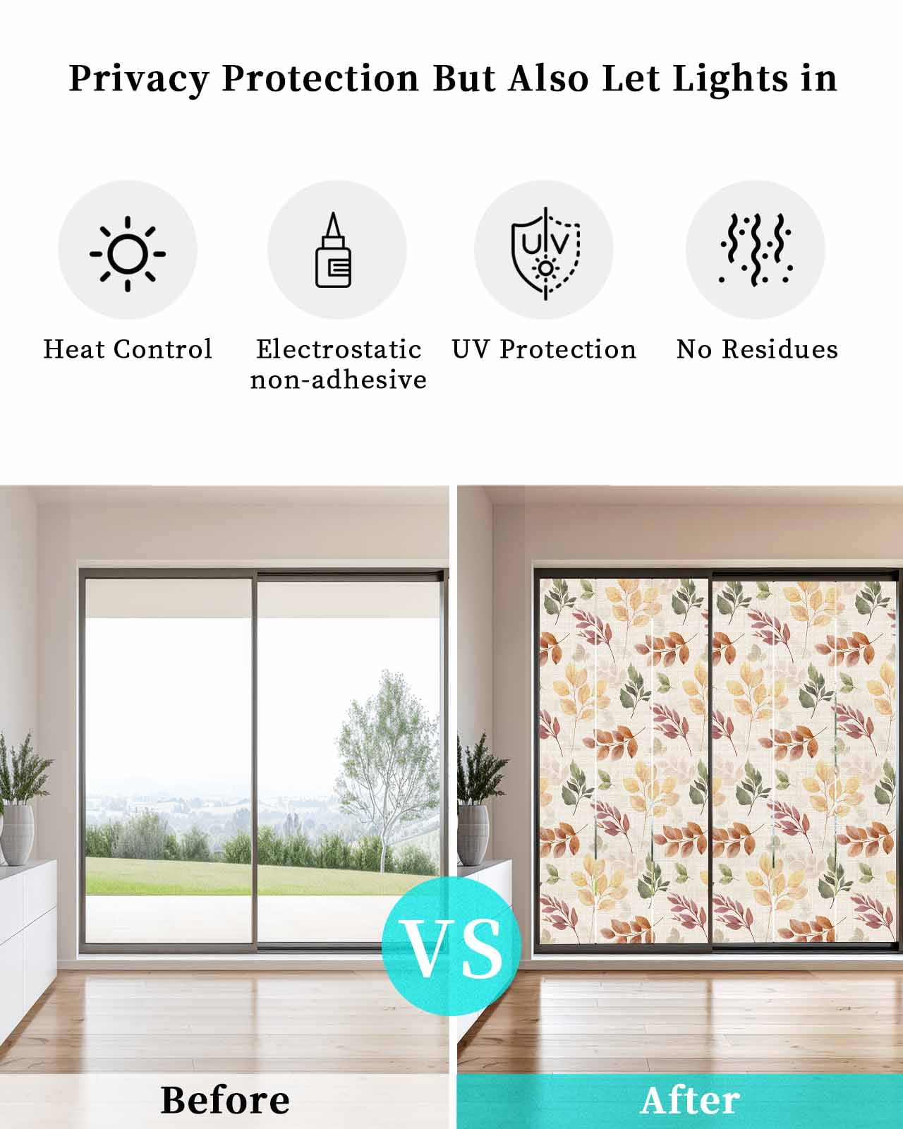 Window Privacy Film, Burnt Orange Yellow Eucalyptus UV Sun Blocking Window Tint Film Heat Control One Way Blackout Window Film, Fall Botanical Leaves Beige Non Adhesive Static Cling 29.5x78.7 In