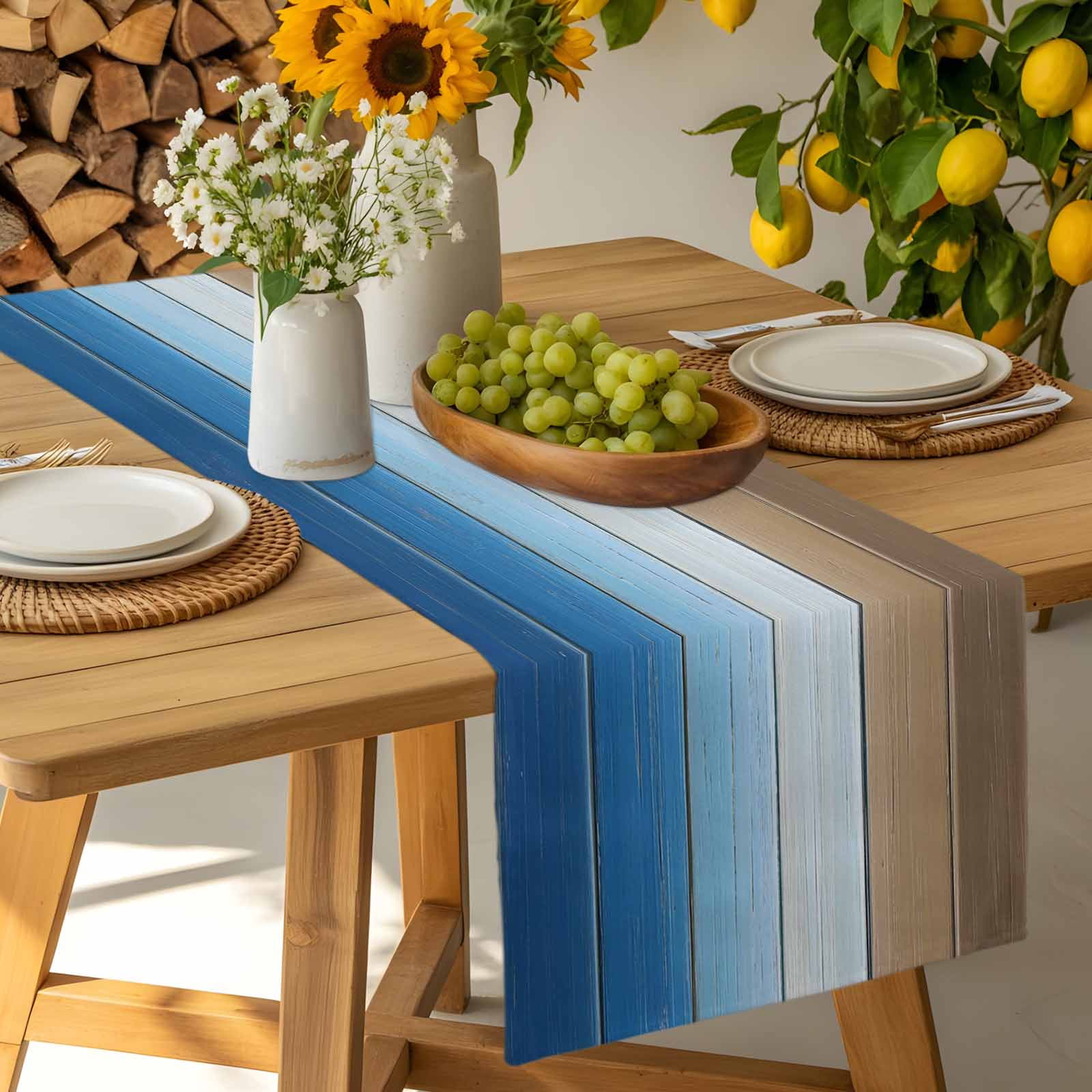 Blue Brown Cotton Linen Table Runner for Dining Kitchen, Gradient Wood Grain Farmhouse Country Wedding Outdoor Party Tablerunners Decoration, Dresser Scarf Coffee Tablecloth Runners 13x48 Inches