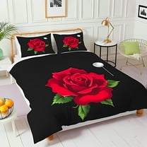 Elegant Black Comforter Set with Vibrant Red Rose Design - Romantic Floral Bedding for Stylish Bedrooms