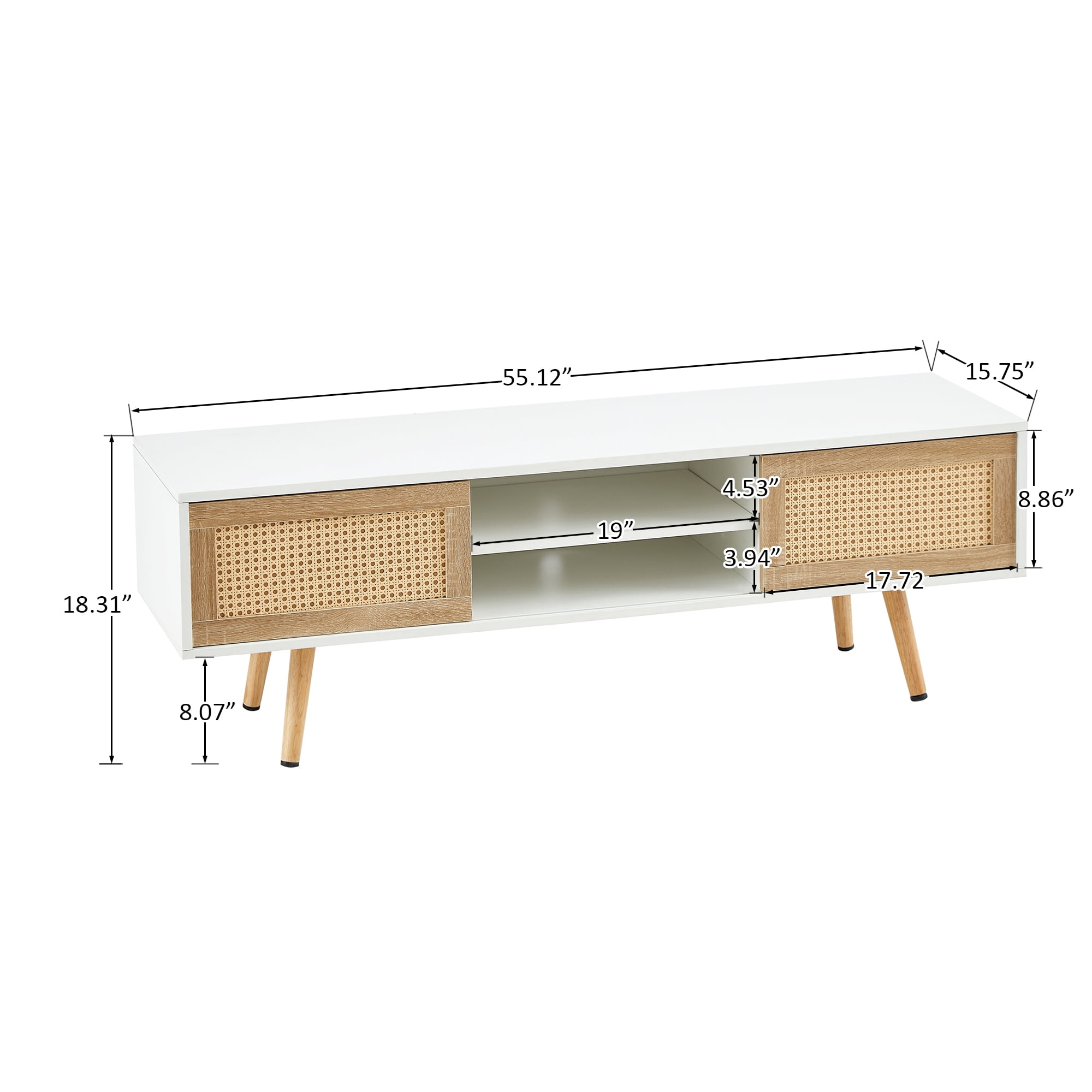 55.12" Rattan Tv Cabinet, Double Sliding Doors For Storage, Adjustable Shelf, Solid Wood Legs, TV Console For Living Room, White