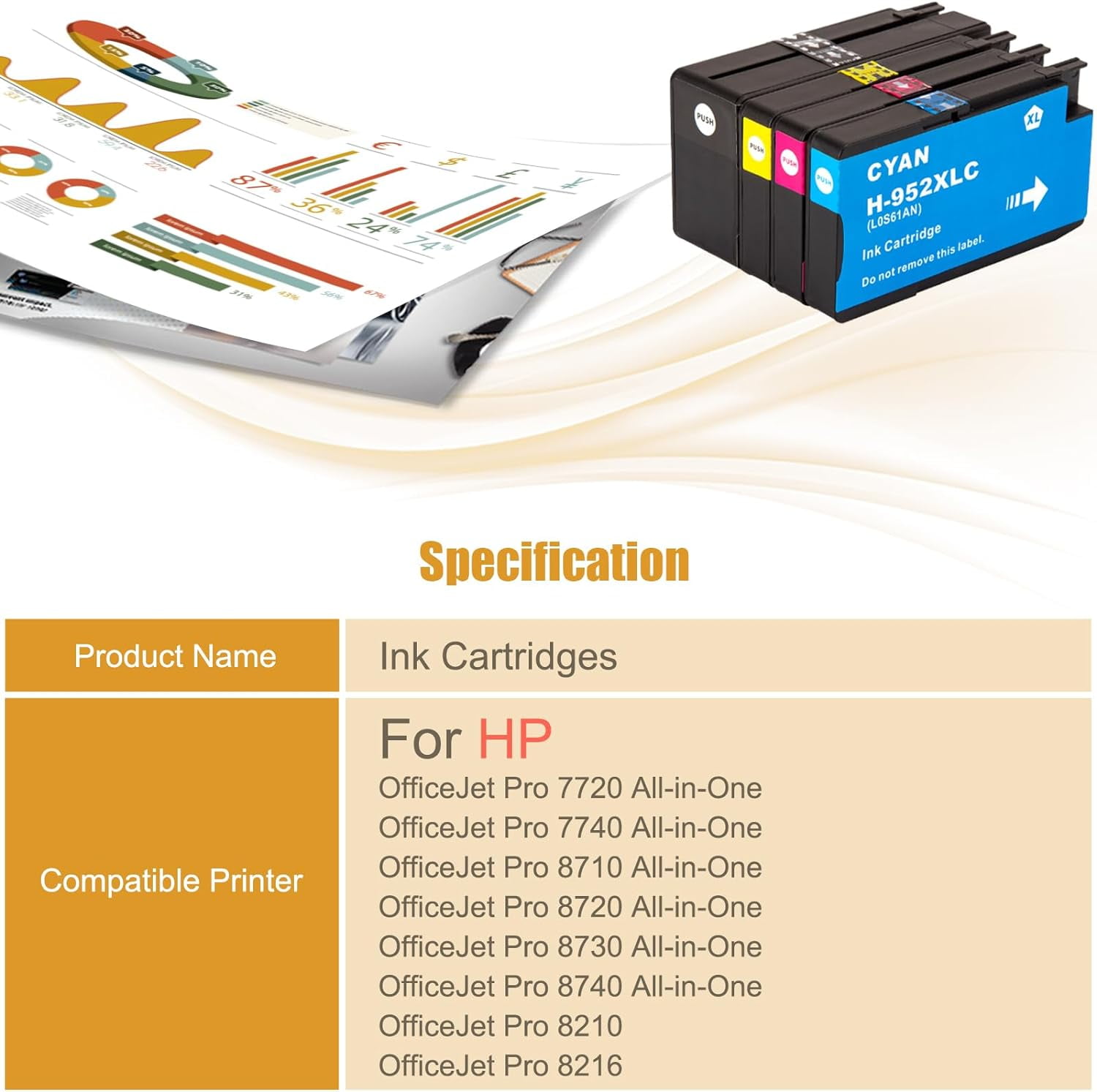 Compatible K / C / M / Y Cartouche d'encre HP 955XL pour imprimante HP  OFFICEJET / PRO- / 7740/8210/8216/8710/8720/9725/8730/8740 - Tianse