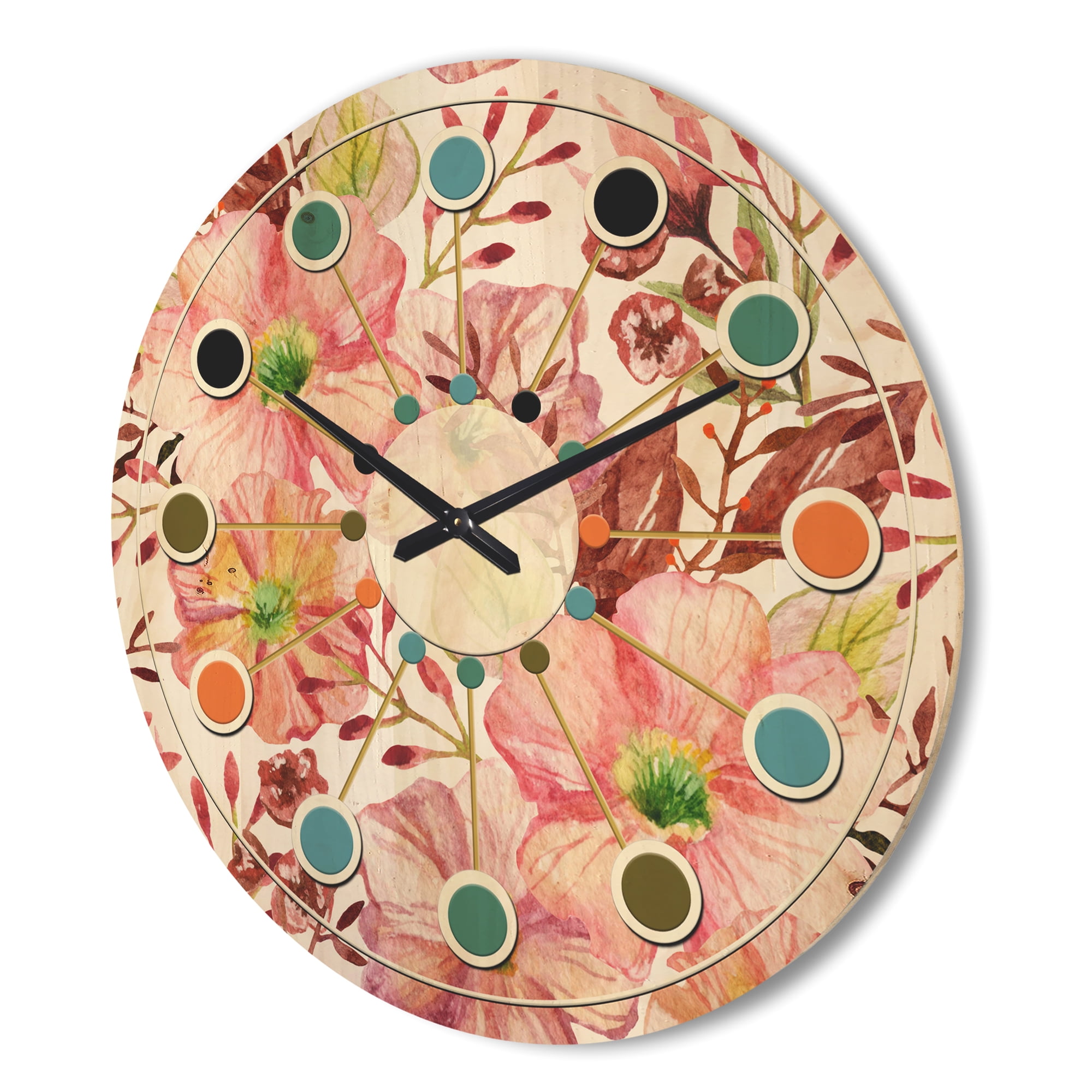 Designart 'Botanical Floral Retro II' Mid-Century Modern Wood Wall Clock
