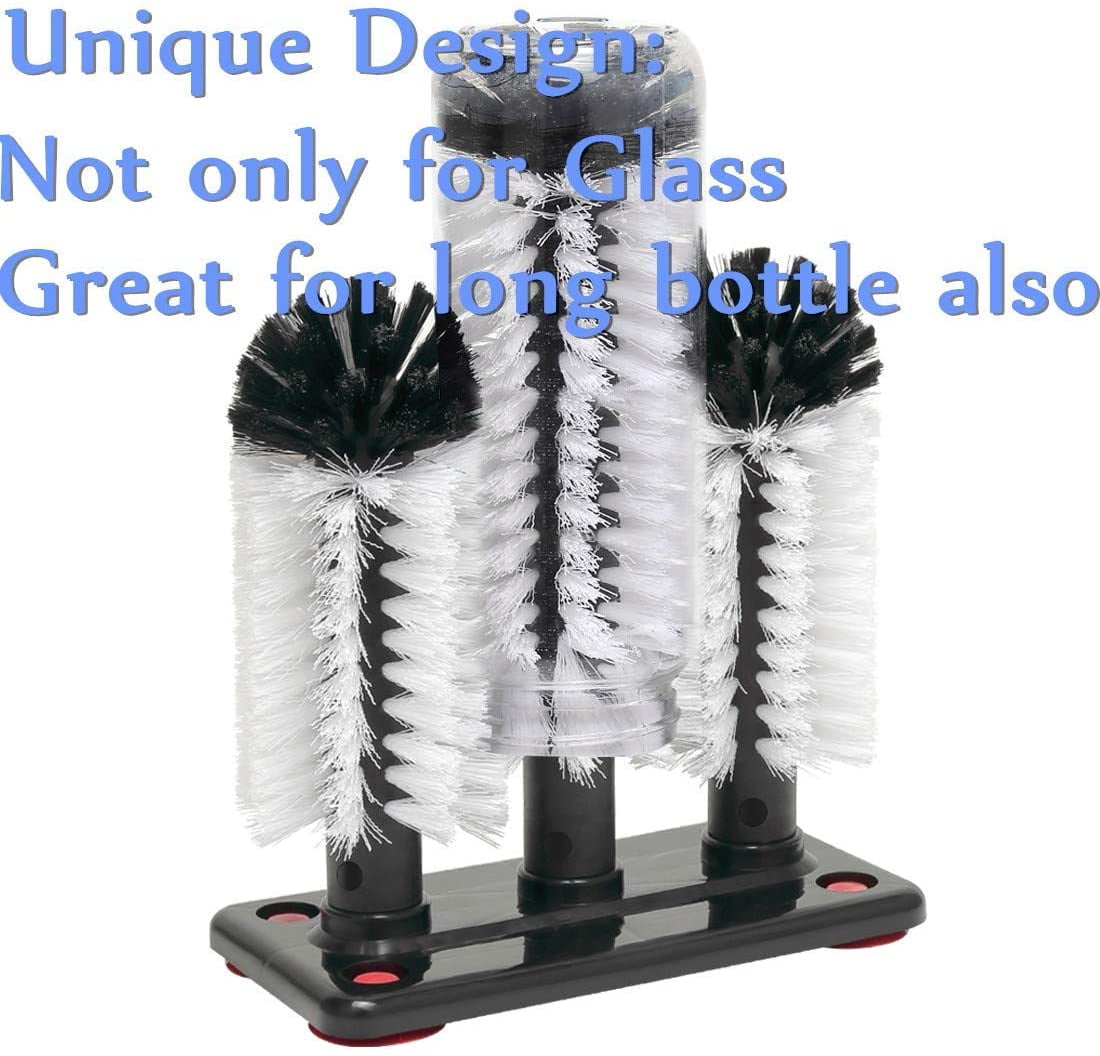 Water Bottle Cleaning Brush Glass Cup Washer with Suction Base 3 Head Bristle Brush for Beer Cup, Long Leg Cup, Red Wine Glass and More Bar Kitchen Sink Home Tools