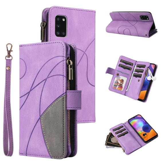 Wallet Case for Samsung Galaxy A31, PU Leather Zipper Storage Bag Kickstand Shockproof Flip Cover for Samsung Galaxy A31