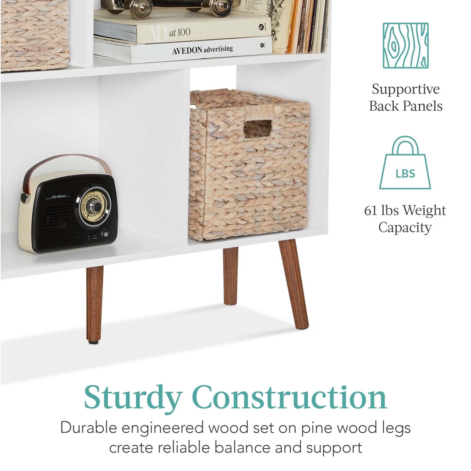 Best Choice Products 3-Tier Mid-Century Modern Wooden Bookcase w/ Removable Back Panels, Offset Pine Legs - White/Brown