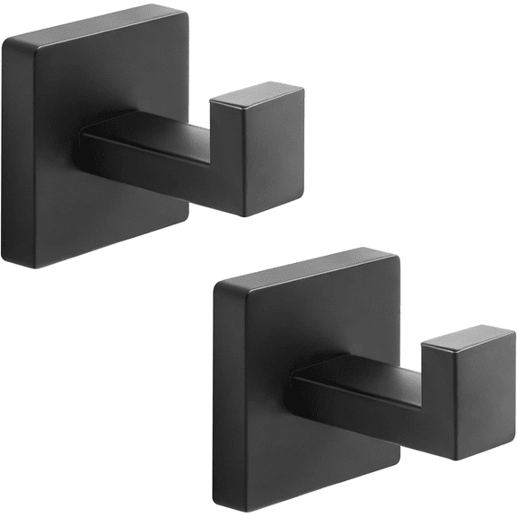 Stainless Steel Towel Hooks, Wall Mounted Square Robe Hooks for Bathroom, Kitchen, Bedroom, Hotel Matte Black 2 Pack