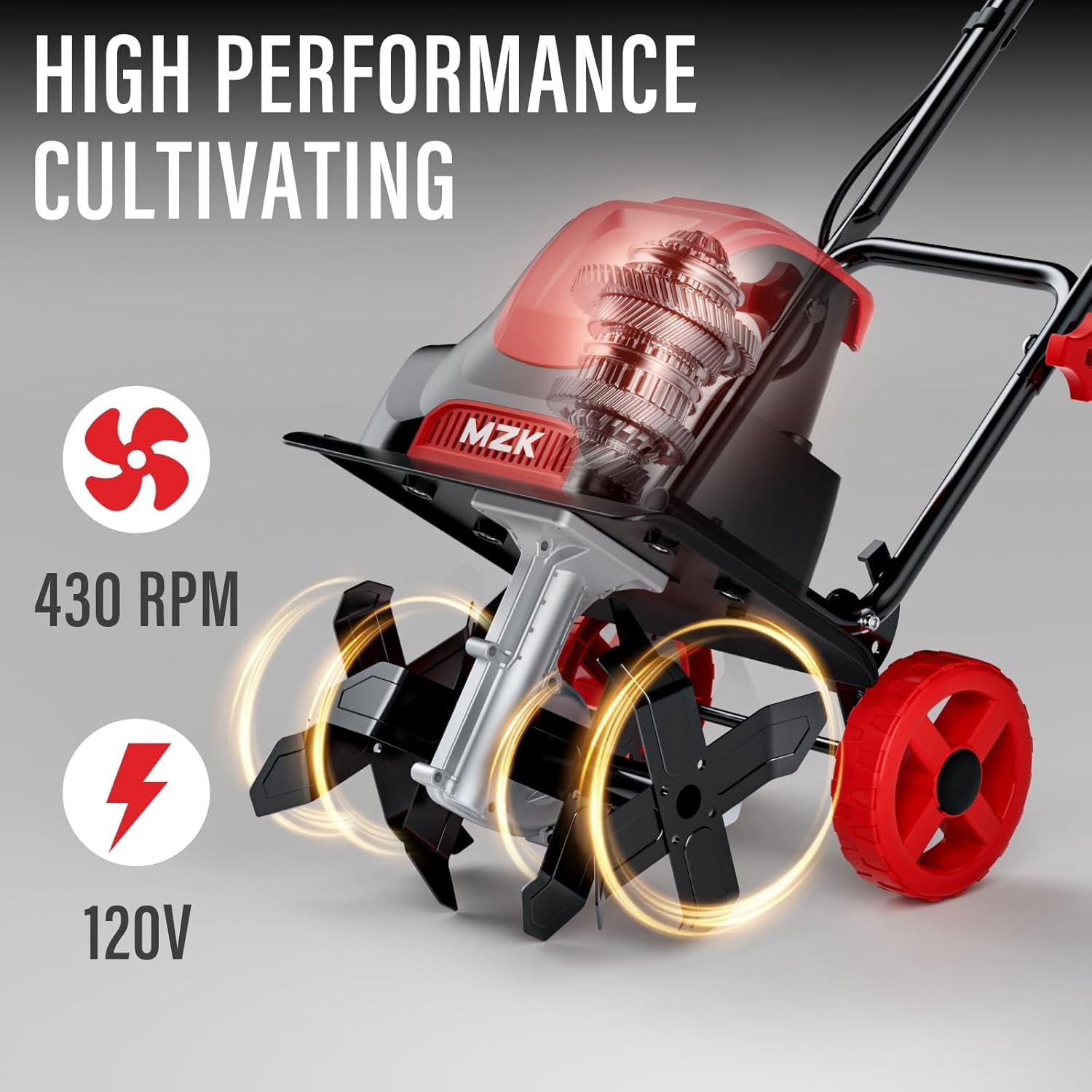 MZK 12-Inch Corded Electric Tiller/Cultivator for Gardening, 8-inch tillling Depth with Adjustable Wheels, 10- Amp Electric Garden Rototiller for Garden Soil Digging