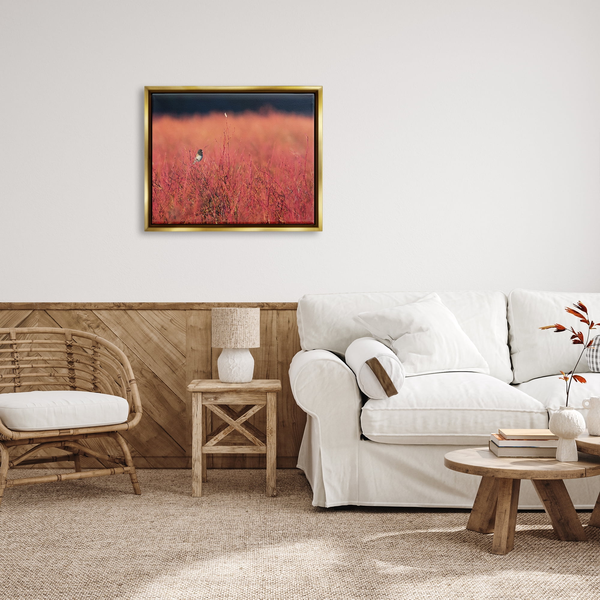 Stupell Industries Bird in Red Field Nature Photography Gold Floater Framed Art Print Wall Art, 31 x 25