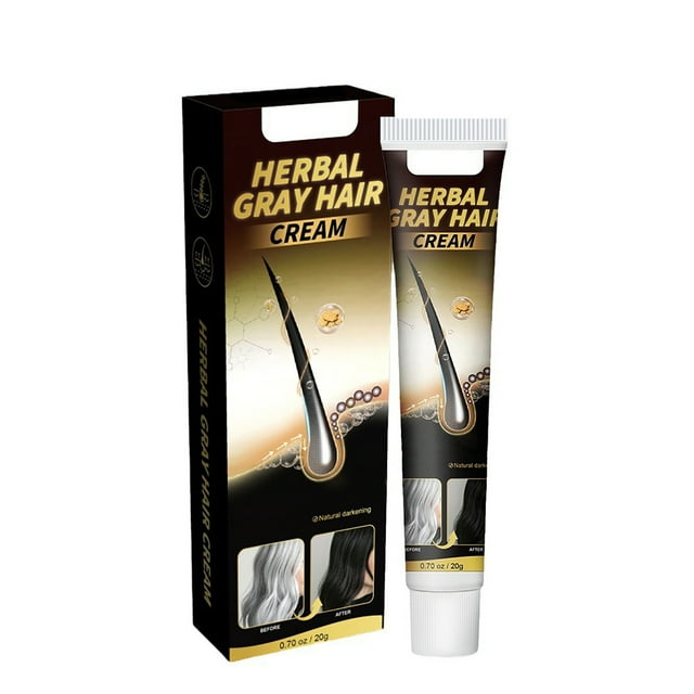 productos para el cuidado del cabello crema nutritiva para ennegrecer el cabello blanco crema para cabellos grises 20 g cuidado del cabello — Tubo de 20 g y caja marrón y negra con texto "Herbal Gray Hair Cream", ilustración de folículo piloso y recuadros antes/después que muestran cabello gris y más oscuro; según especificaciones indica que nutre y ayuda a promover melanina. También adecuada para retoques rápidos entre lavados.