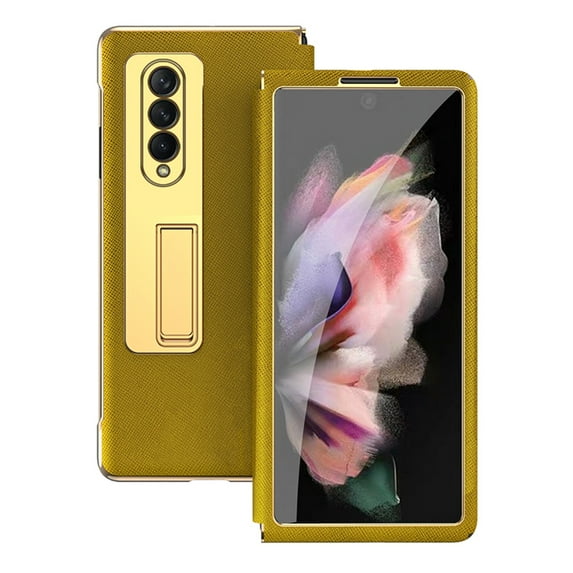 K-Lion for Samsung Galaxy Z Fold 3 Case, Invisible Hardware Kickstand Tempered Glass Front Film Cover Electroplating Frame Anti-Drop Shockproof Case for Samsung Galaxy Z Fold 3 7.6 Inch,Yellow