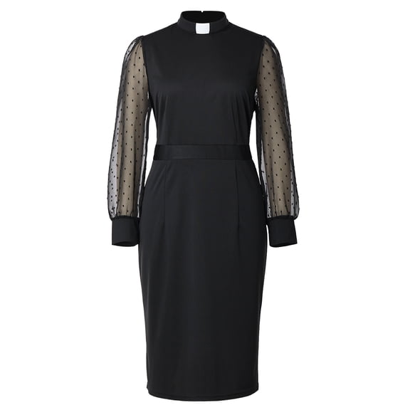 Afinprain Womens Clergy Dress Tab Collar Sheer Puff Sleeve Pencil Dresses