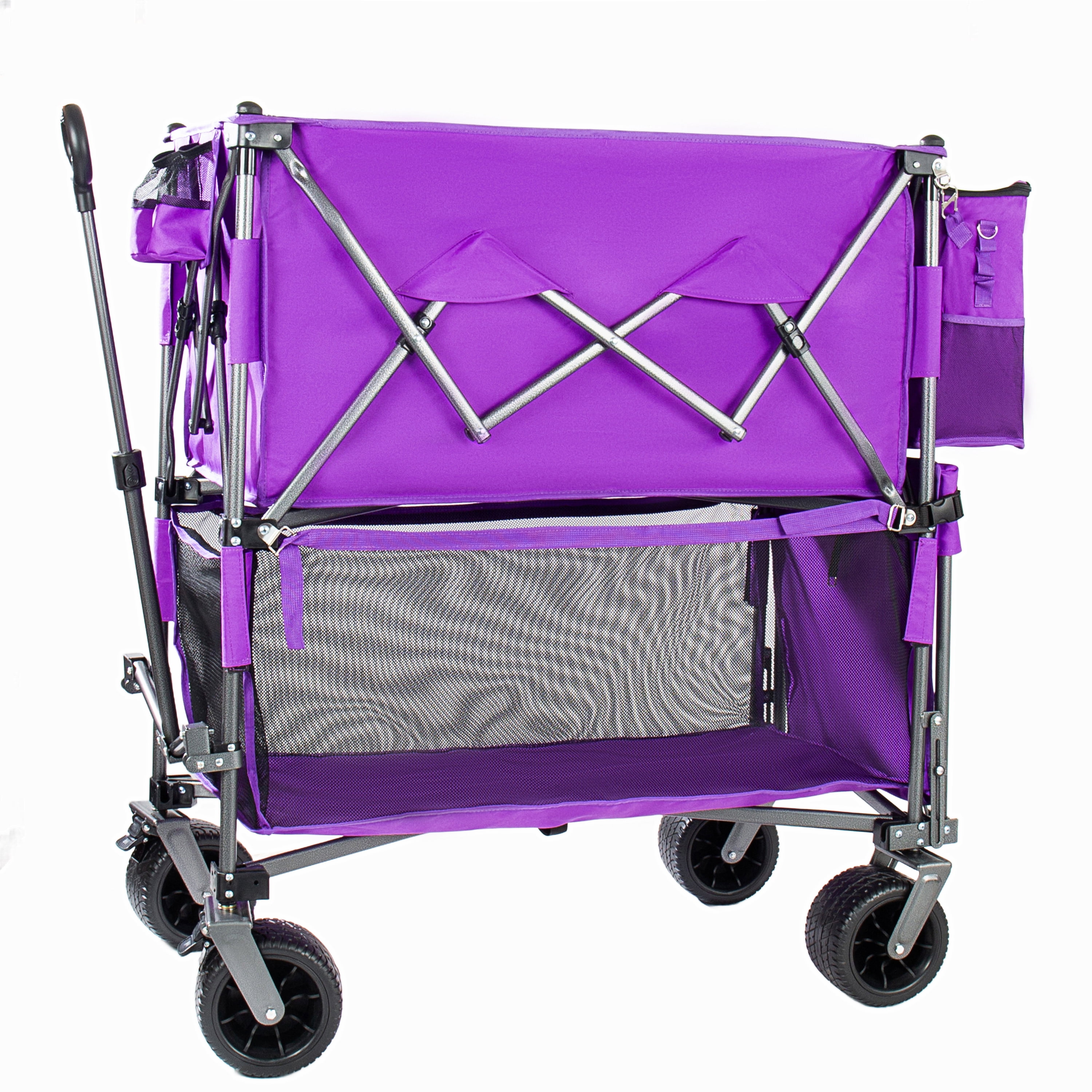 55 Inch Heavy Duty Double-Decker Folding Wagon, Purple 560LBS Capacity Collapsible Cart, 650L Large Storage with 7"×4" All-Terrain Wheels & Dual Brakes for Camping, Fishing, Sports