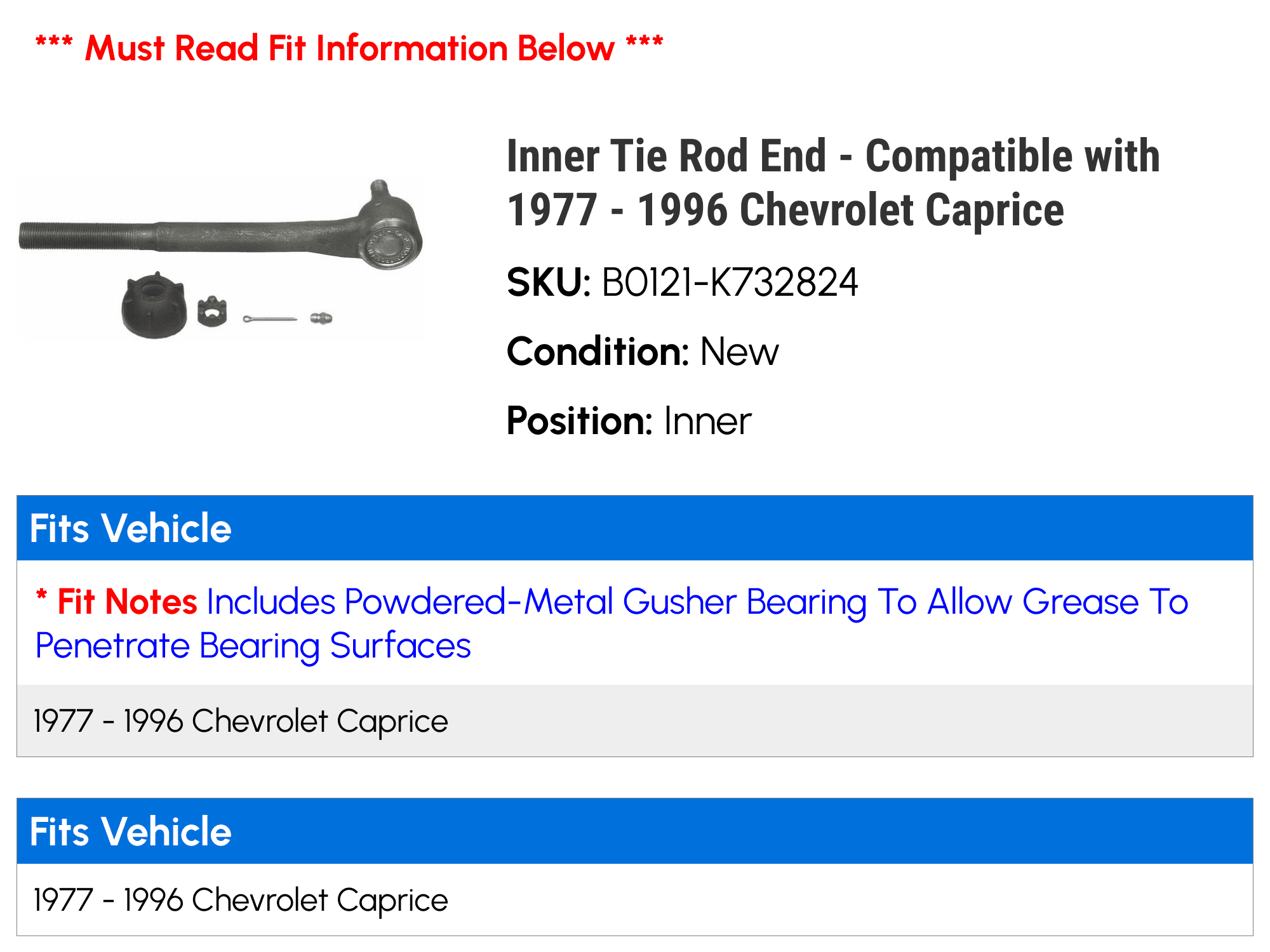 Inner Tie Rod End - Compatible with 1977 - 1996 Chevy Caprice 1978 1979 1980 1981 1982 1983 1984 1985 1986 1987 1988 1989 1990 1991 1992 1993 1994 1995