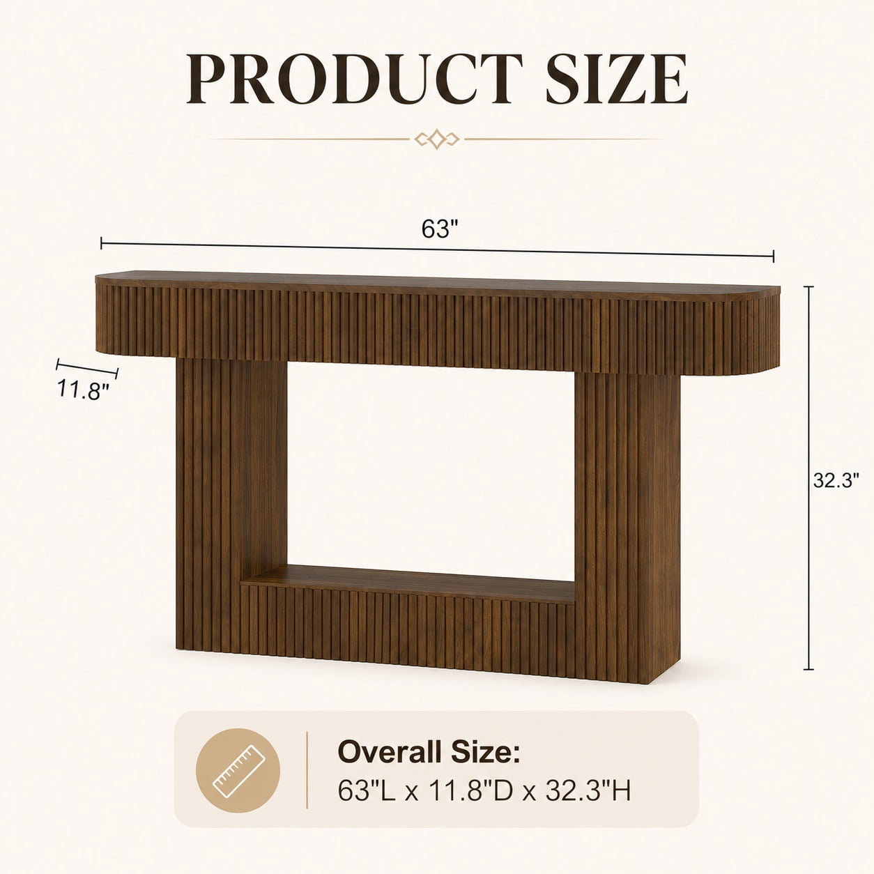 Aukfa 63" Fluted Console Table, Modern Farmhouse Entryway Table Narrow Sofa Table Behind Couch, Walnut