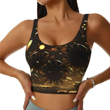 Adobk Classical Golden Casino Print Sports Bras for Women Longline Workout Crop Tank Tops Padded with Built in Shelf Padded Sports Bra-X-Large