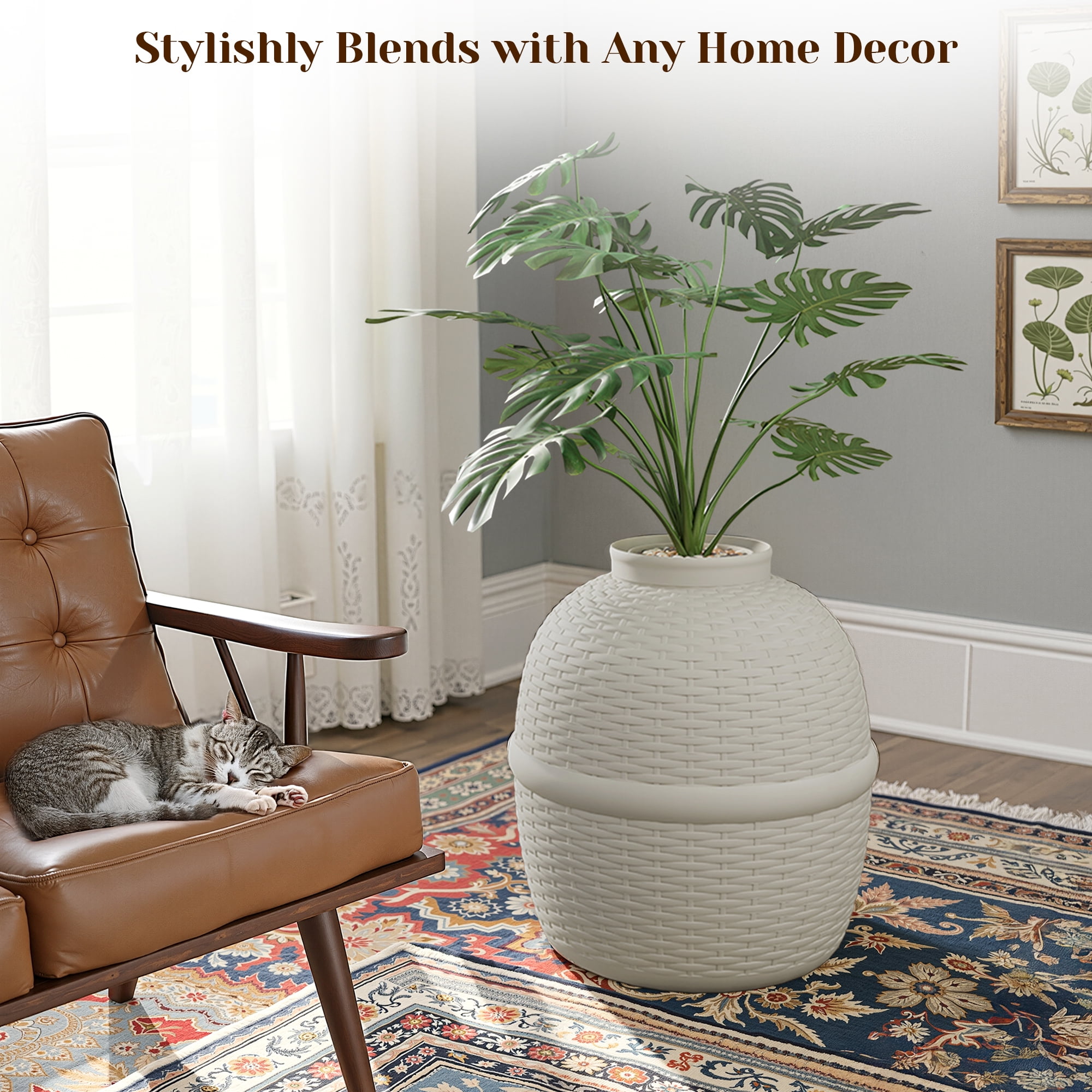 Royalcraft Plant Litter Box with Hidden Rattan Pattern - Waterproof, Carbon Filter - Large, Gray