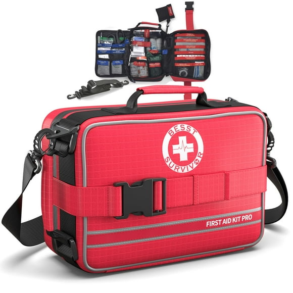 Comprehensive First Aid Kit, Premium Emergency Trauma Kits with Shoulder Strap for Car Camping Gear, Labelled Compartments Survival Kit, Home Essentials, Outdo