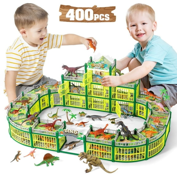 Hot Bee 400pcs Dinosaur Dollhouse Playset for Kids, 36 Realistic Dinos 3-Tier Large Battle Cage, Interactive DIY Playhouse Toy for Boys Girls Ages 3 