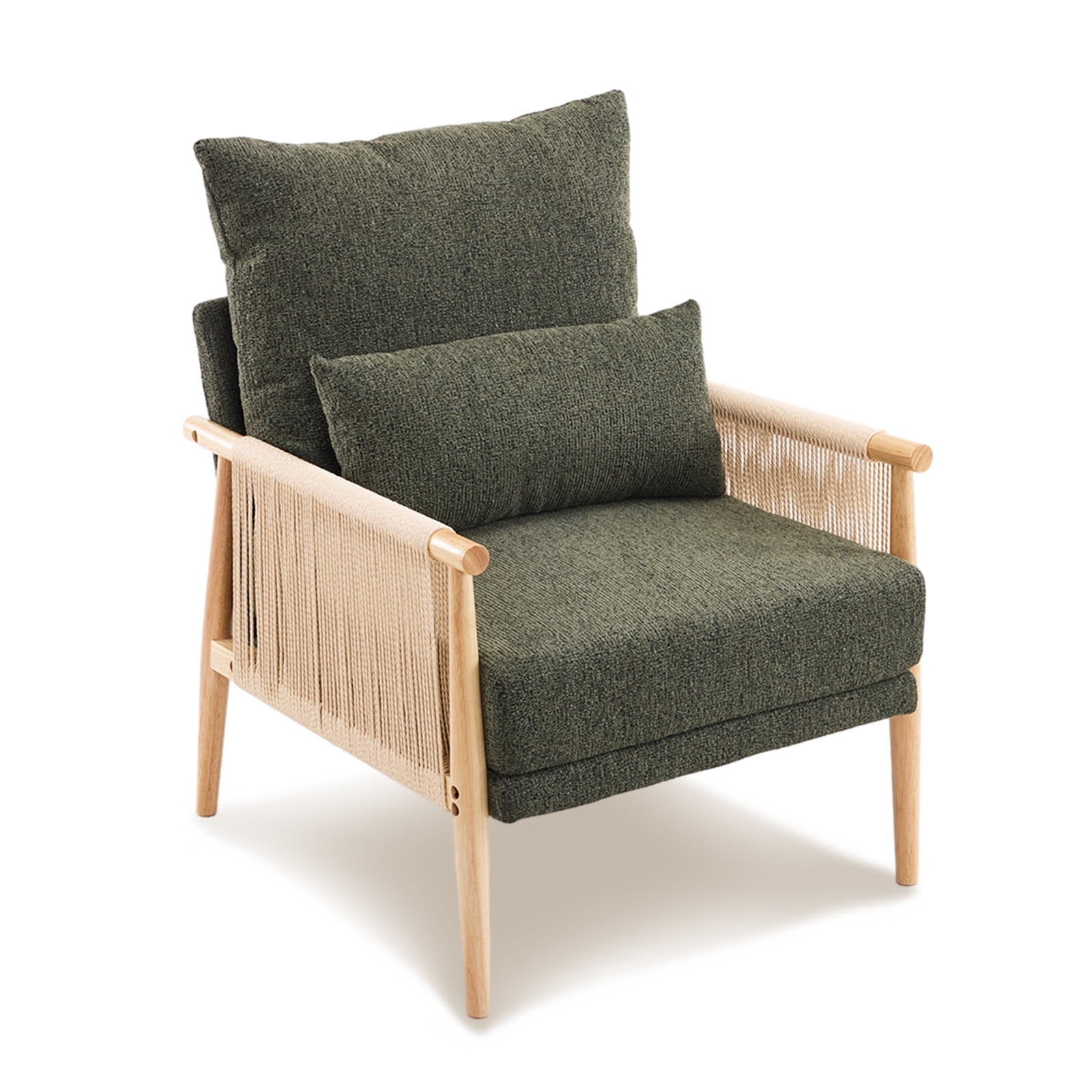 Ktaxon Accent Chair, Solid Wood and Jute Rope Armrests Armchair, Single sofa with Lumbar Pillow for Living Room Bedroom Office Dark Green