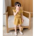 thumbnail image 2 of Little Girls Summer 2-Pieces Outfit Set Cozy Sleeveless Ruffle Button Design Loose Top Shirt + Short Elastic Band Pants Set, 2 of 5
