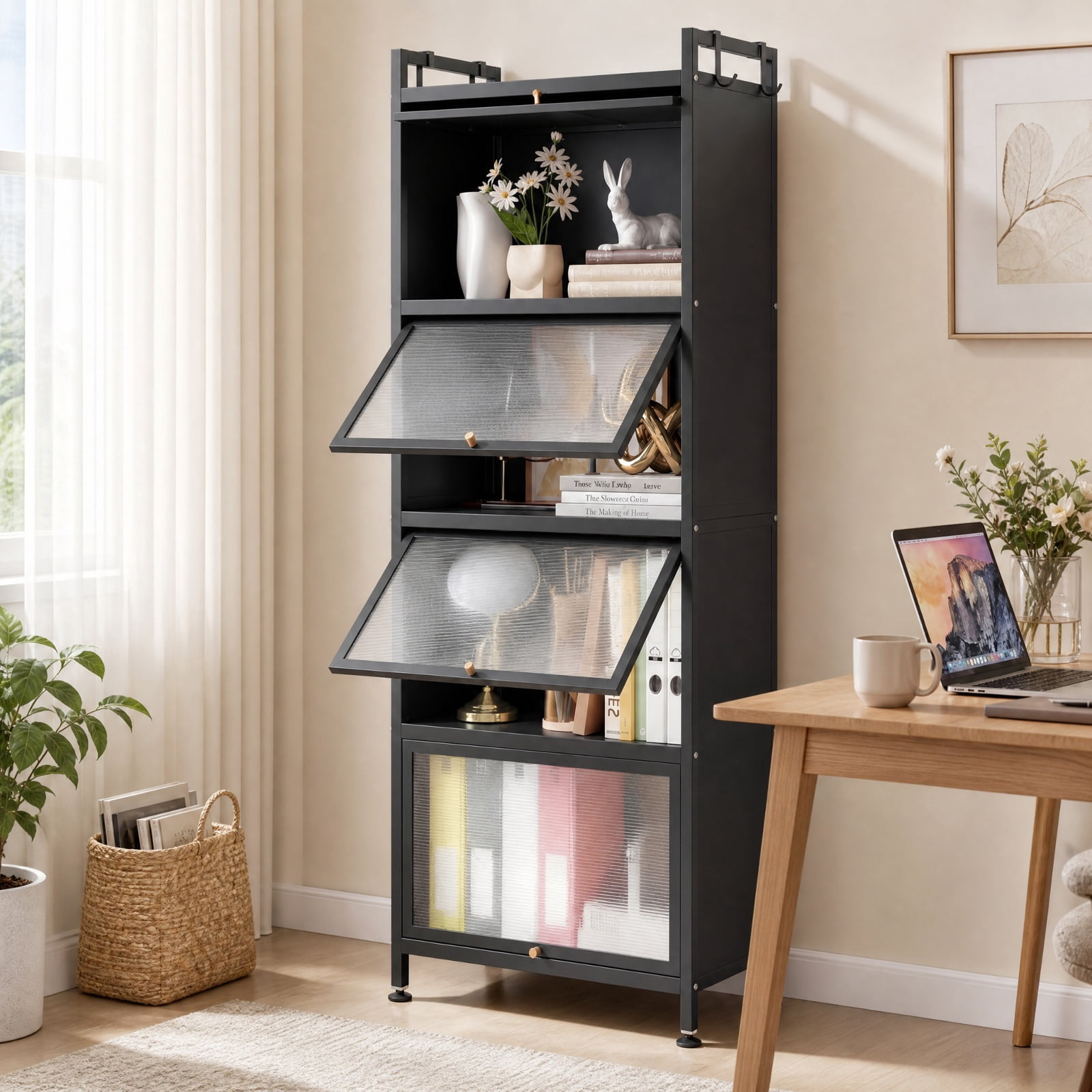 RUIE 5-Tier Metal Pantry Organizer Baker's Rack with Flip-up PC Doors, Rolling Kitchen Storage Cabinet with Universal Wheels and Golden Handles, Black