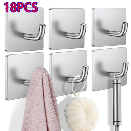 

Skycarper 18PCS Heavy Duty Adhesive Hooks Wall Hooks Waterproof Stainless Steel Nail Free Adhesive Hooks for Kitchen Bathroom (Silver)