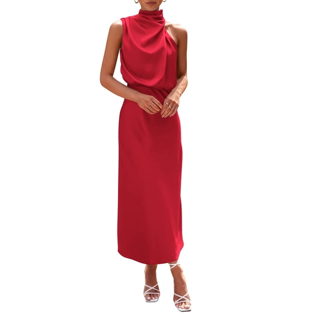 Vestido PRETTYGARDEN 2025 de Verano sin Mangas de Satén Rojo XXL