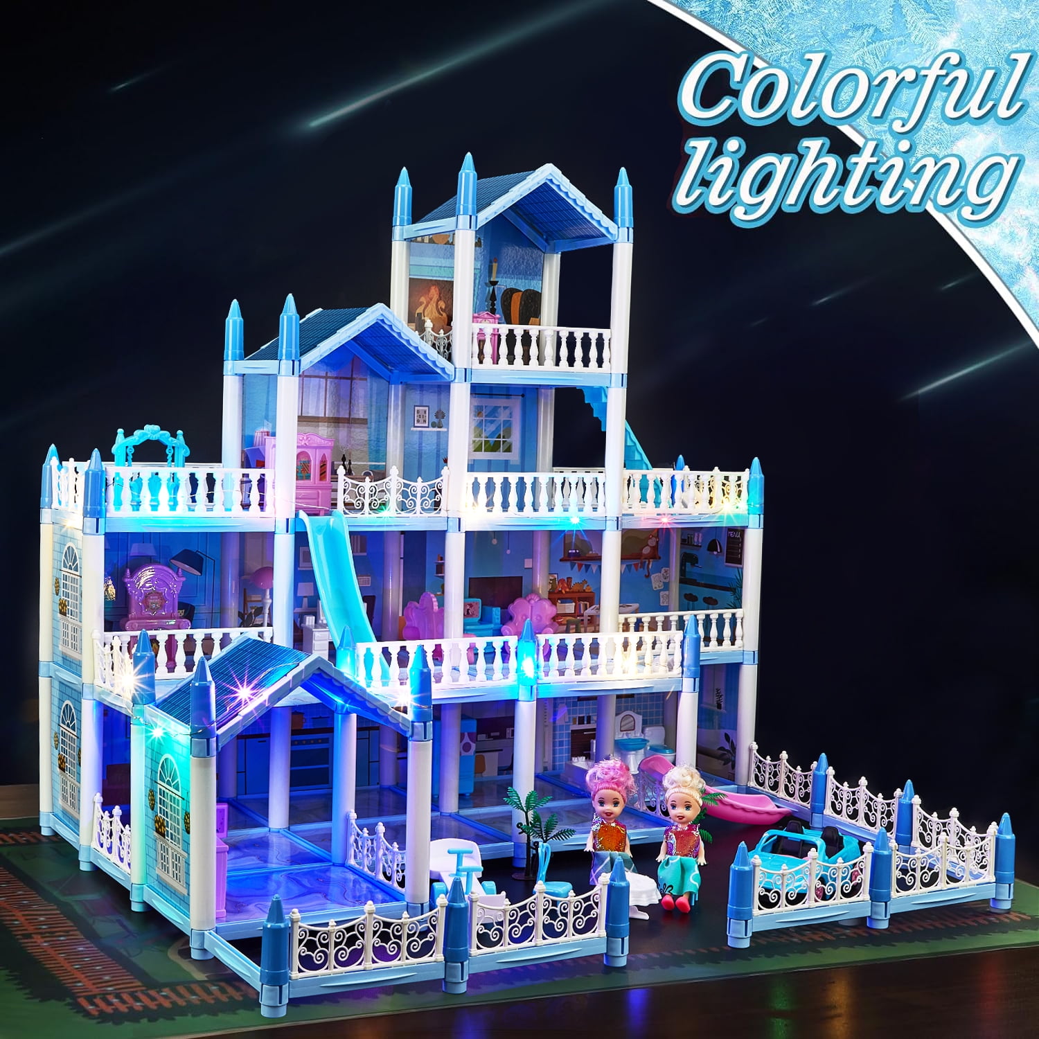 Anpro 4 Stories 14 Rooms Dollhouse for Kids, Princess Dollhouse with Asseccories & Furniture, Pretend Doll House Play Set Toy Age 3+ Toddlers Girls, Blue
