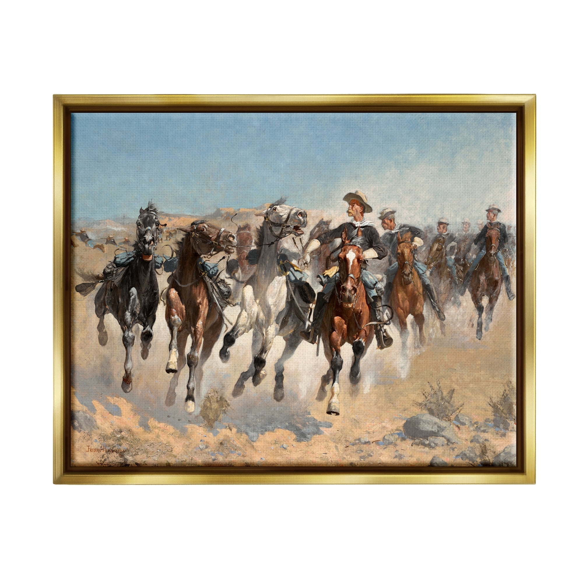 Stupell Industries Galloping Horses Herd Cowboys Trotting Desert Sand Painting Metallic Gold Floating Framed Canvas Print Wall Art, Design by Lettered and Lined