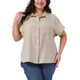 thumbnail image 1 of Camisas de mujer de talla grande con botones Agnes Orinda, con solapa, mangas cortas enrolladas, dobladillo dividido, blusas de verano, tops casuales con bolsillo 3X beige, 1 of 5