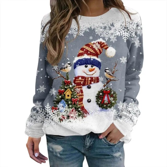 New Christmas Moose Print Ladies T-shirt Cotton Kawaii Cartoon Style Sweater Autumn O Neck Oversized Long Sleeve Female Pullover