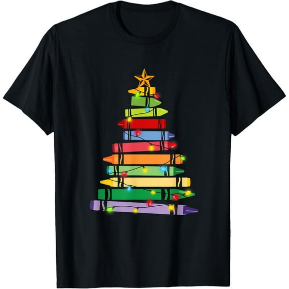 Teacher Christmas Tshirt Crayon Tree Light Gifts Student T-ShirtMen and women, Black T-shirt, size: Extra large