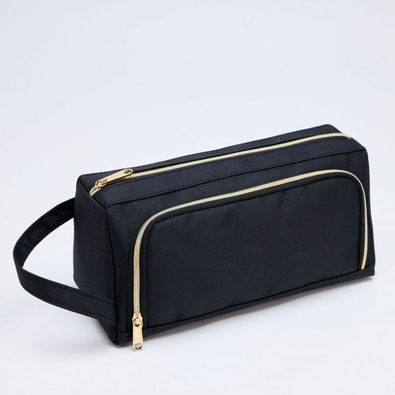 Cute Pencil Case Zipper Pencil Pouch Large-capacity Trapezoidal Pencil Bag Portable Multi-function Stationery Box Canvas Double Zipper Student Pencil--Black