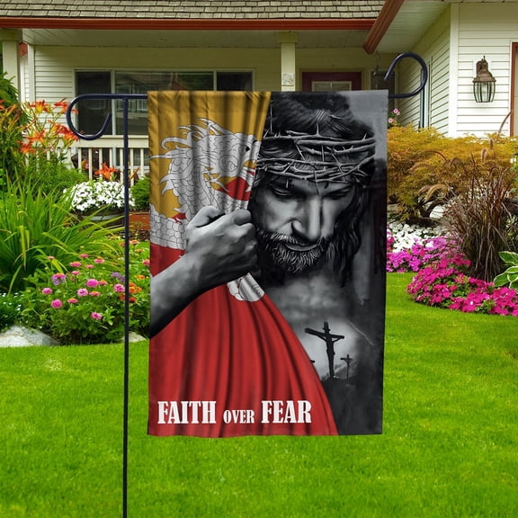 Faith Over Fear Christian with Jesus Bhutanese Bhutan Outside Garden Flag, Double-Sided Outdoor Yard Decor 11.5 x 17.5 Inch