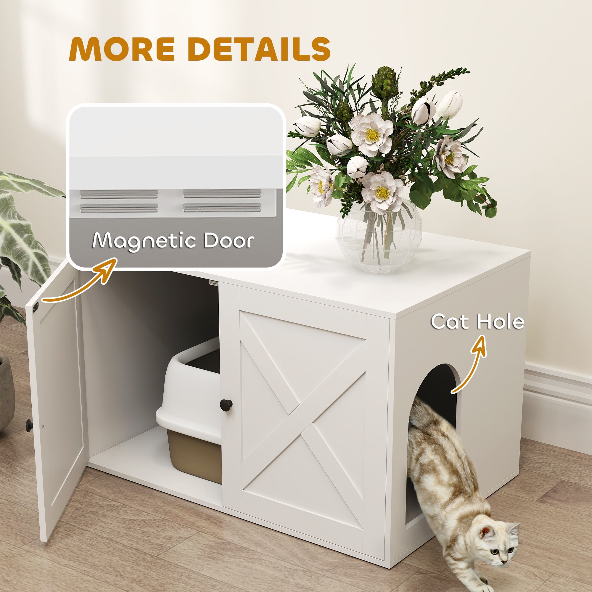 PawHut Cat Litter Box Enclosure, Hidden Litter Box Furniture with Barn Door, Cat Hole, End Side Table, 31.5" x 21" x 20", White