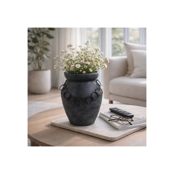 Amphora Style Vase with Decorative Accent for Living Room Decor - Terracotta Flower Vase for Home, Bedroom, or Office Table Centerpiece- Pottery Accent Display for House Styling - 12", Black