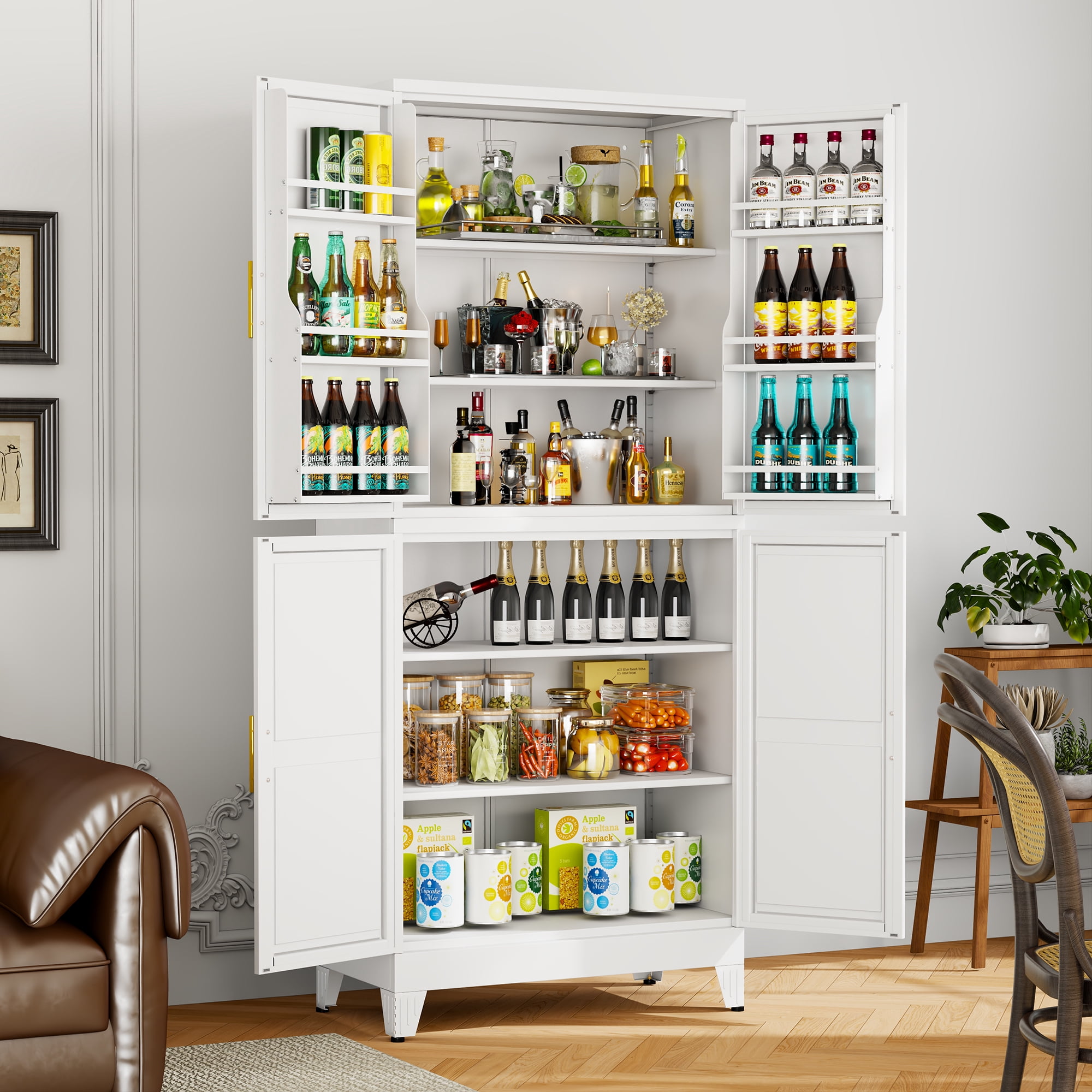 Ero Tall Steel Pantry Cabinet with 4 Doors and Adjustable Shelves for Kitchen Storage White