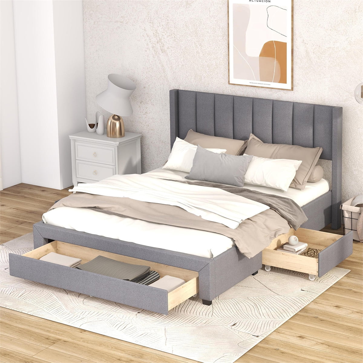 Queen Size Upholstered Platform Bed with One Large Drawer in the
