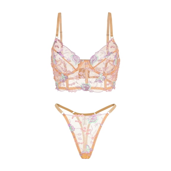 Champagne Floral Sexy Sheer Embroidered Lingerie Set (CHAMPAGNE, S)