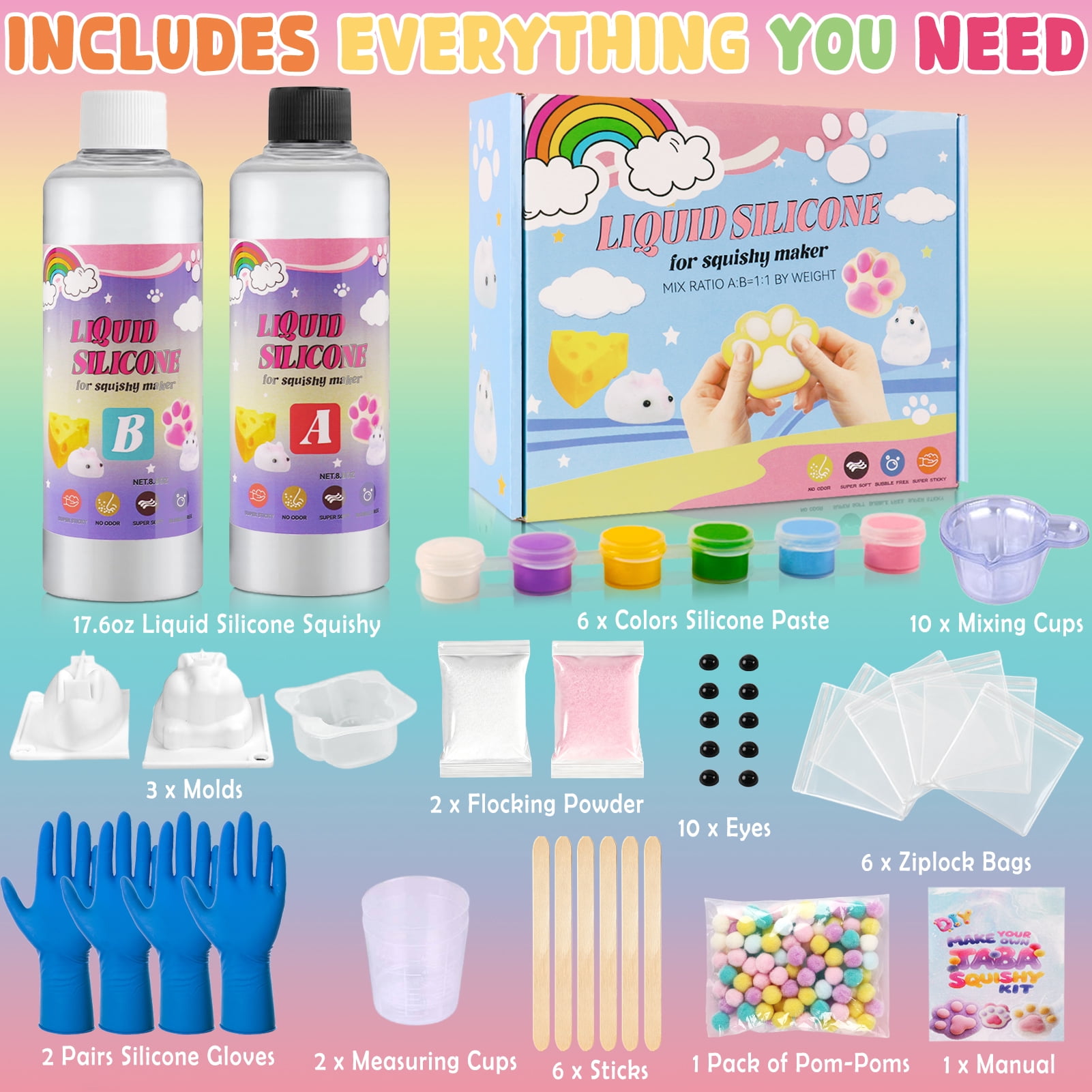 CandWuom DIY Squishy Making Kit, 18oz Liquid Silicone 1:1 AB Ratio Epoxy Resin Mix for Squishies, Molds Cat Claw, Hamster, Rabbit, Gifts for Any Occasion
