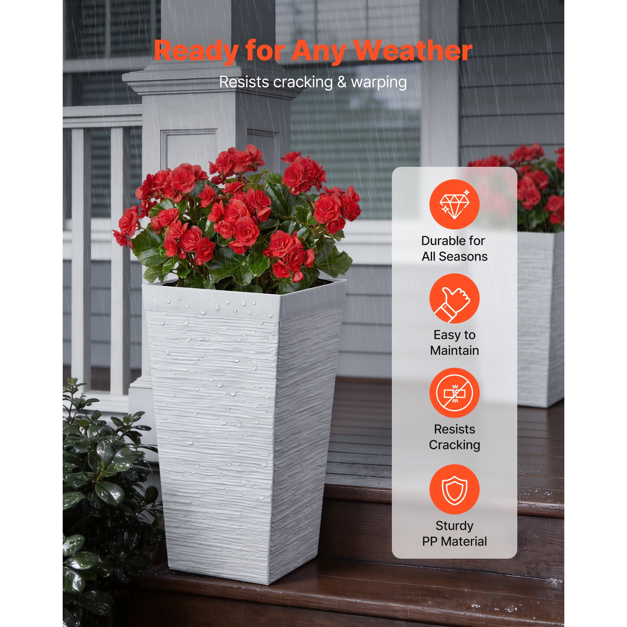 KFFKFF Set of 2 Tall Planters, 23in Large Tapered Pots for Indoor and Outdoor Use, Modern Plastic Flower Containers with Wheels, Inner Pot, and Drainage Holes for Patio, Garden, and Porch, White