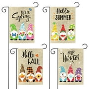 WATINC 4Pcs Seasonal Gnomes Garden Flags Set Hello Spring Summer Fall Winter Colorful Party Decoration Supplies Double Sided Burlap House Flag for Home Indoor Outdoor Yard Lawn 12.6 x 18.1 Inch