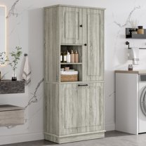 Sesslife 67.7" Tall Storage Cabinet, Bathroom Storage Cabinet with Large Flip-Out Basket, 2 Cabinets and Open Storage Space, Kitchen Pantry Cabinet with Adjustable Shelves for Bathroom Kitchen, Oak