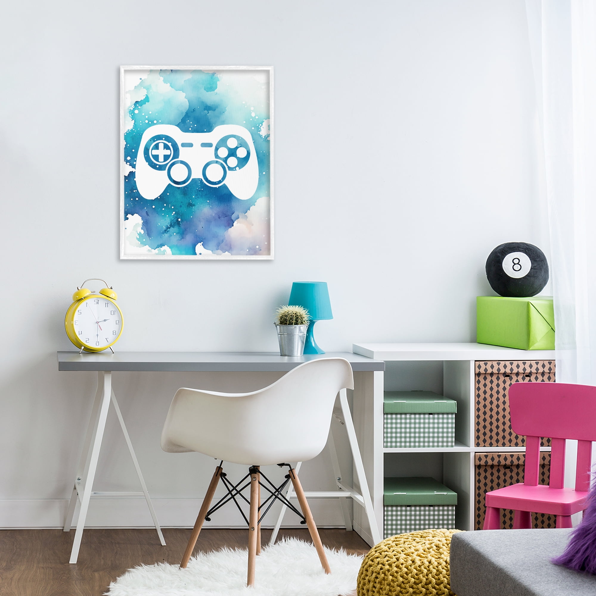 Blue Controller Splatter White Framed Giclee Art, design by Marcus Prime