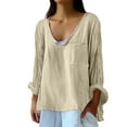 thumbnail image 3 of Holzkary Linen Tops for Women Loose Fit Basic Solid Tunic Tops Flowy Hem Boho Clothing Trendy 2025 Women's Solid Color Loose Plus Size Long Cotton Texture Dress Shirt Beige L, 3 of 7