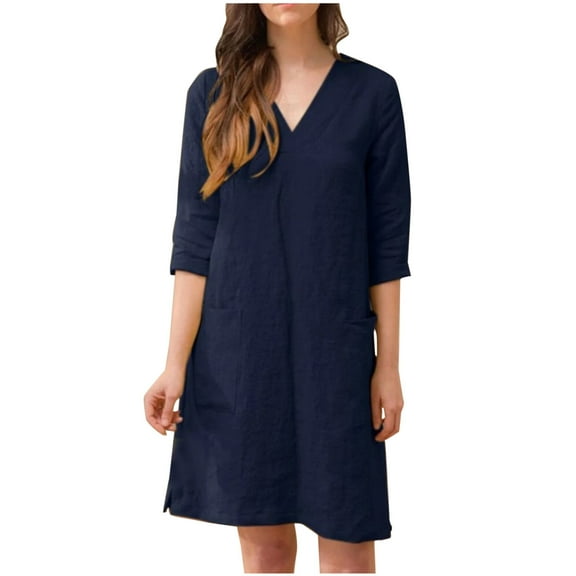 QUYUON Linen Dress Women Summer V-Neck 3/4 Sleeve Pockets Dress Solid Color Casual Loose Fit Ankle Length Dress Beach Sundress Tunic A-Line Swing Dress Style D-7862 Navy M