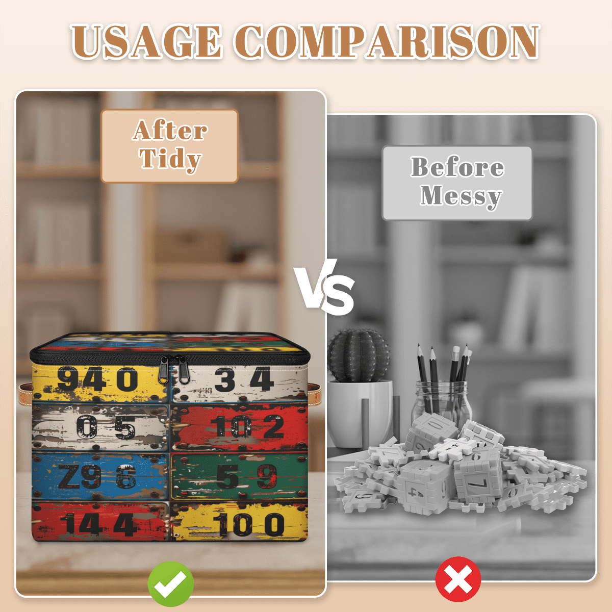 CURLYOOT Vintage License Plate Numbers Fabric Storage Bins with Lids, Foldable Storage Boxes Washable Storage Cube, Closet Bedroom Home Organizer Containers with PU Leather Handles