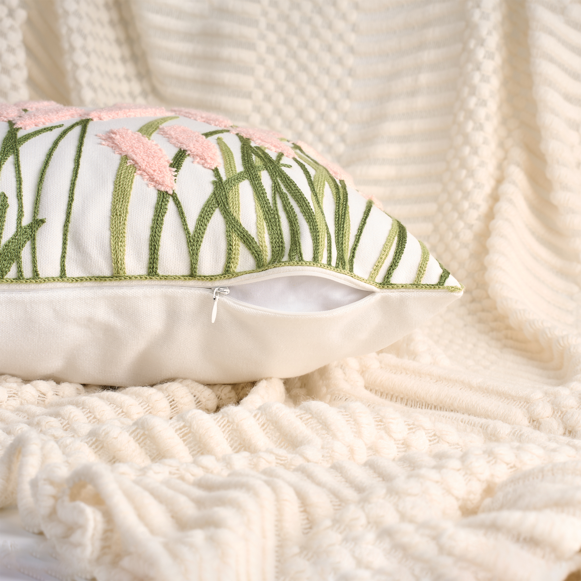 Unique Bargains Cotton Boho Plant Embroidery Soft Square Throw Pillow Covers Light Pink